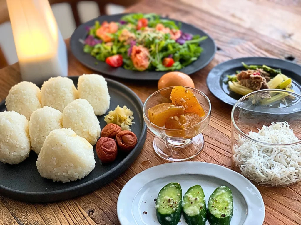 おにぎりと副菜を並べた朝ごはんのプレート