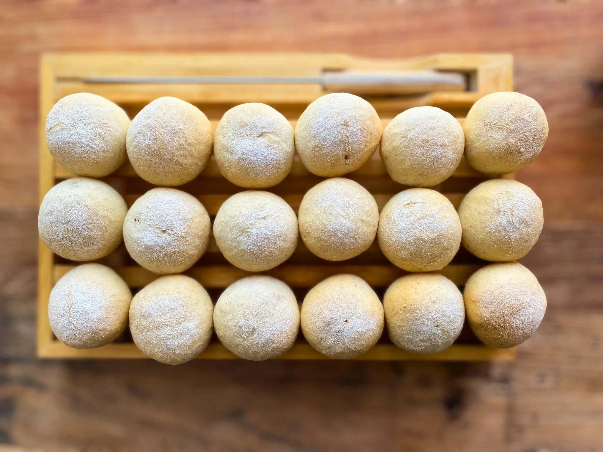 焼き立ての丸パンが並んだ様子。外はパリッと、中はふんわりした家庭で楽しむシンプルな手作りパン。