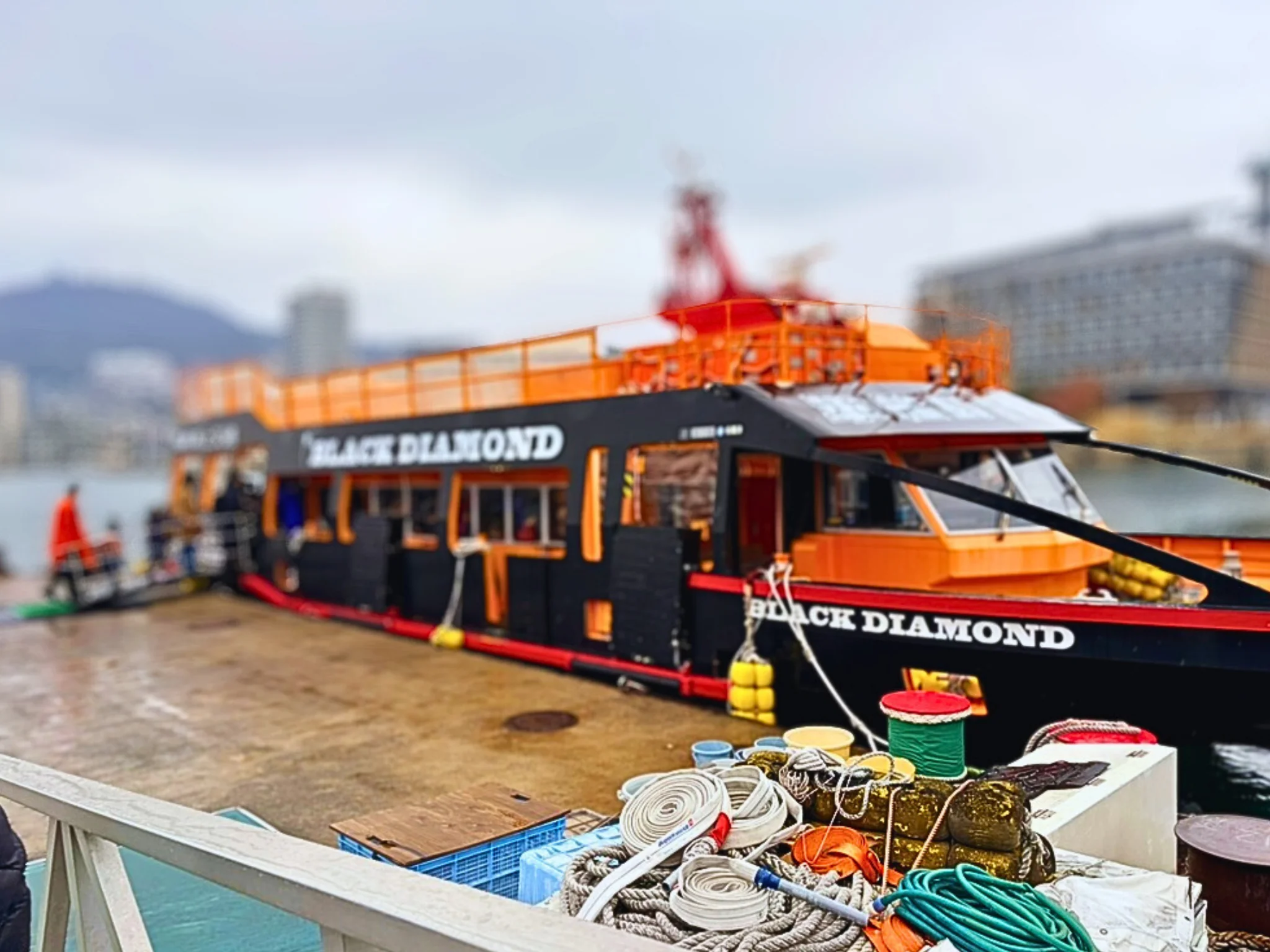 長崎港に停泊するブラックダイヤモンド号と軍艦島クルーズの様子