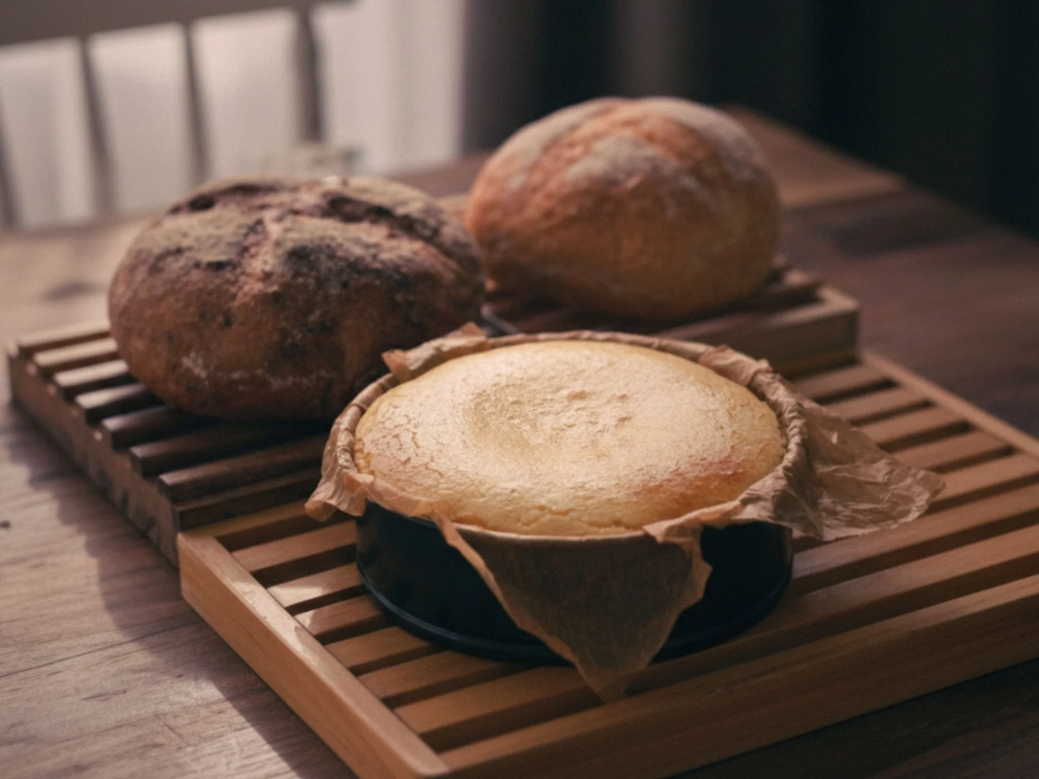 静かな冬の光の中で焼き上がったブールとチーズケーキ