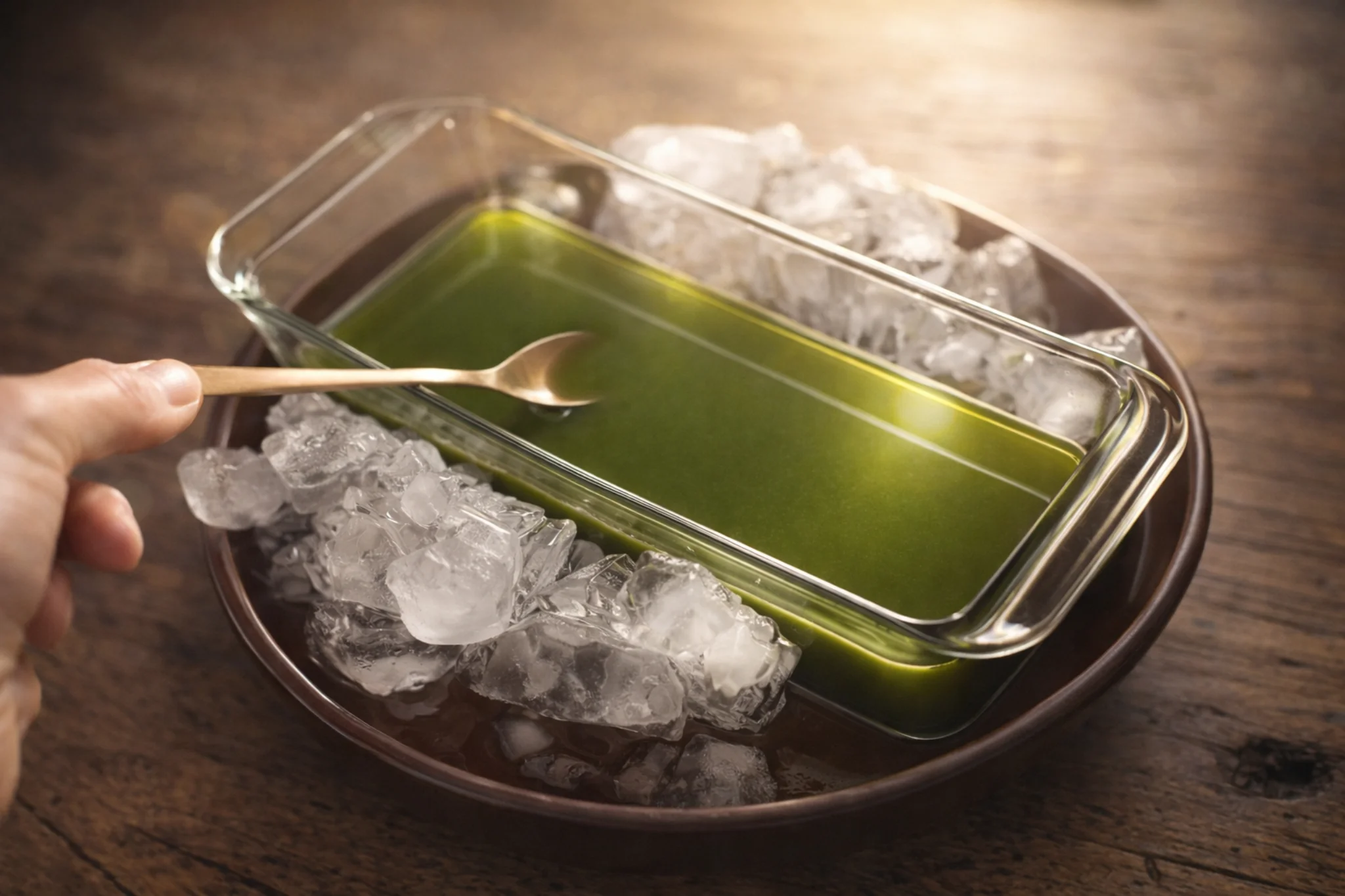 抹茶ゼリーを氷水に当てて冷やしている様子。ガラスの器と抹茶の深い緑が静かな夜を感じさせる