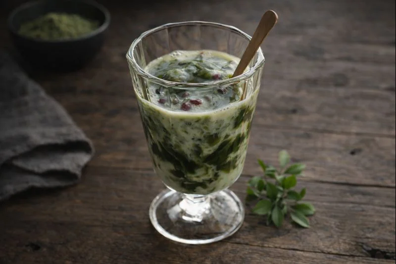 氷水に当てて冷やしている、ガラス容器に流した抹茶ゼリー。木のスプーンでそっと混ぜている夜の台所の風景