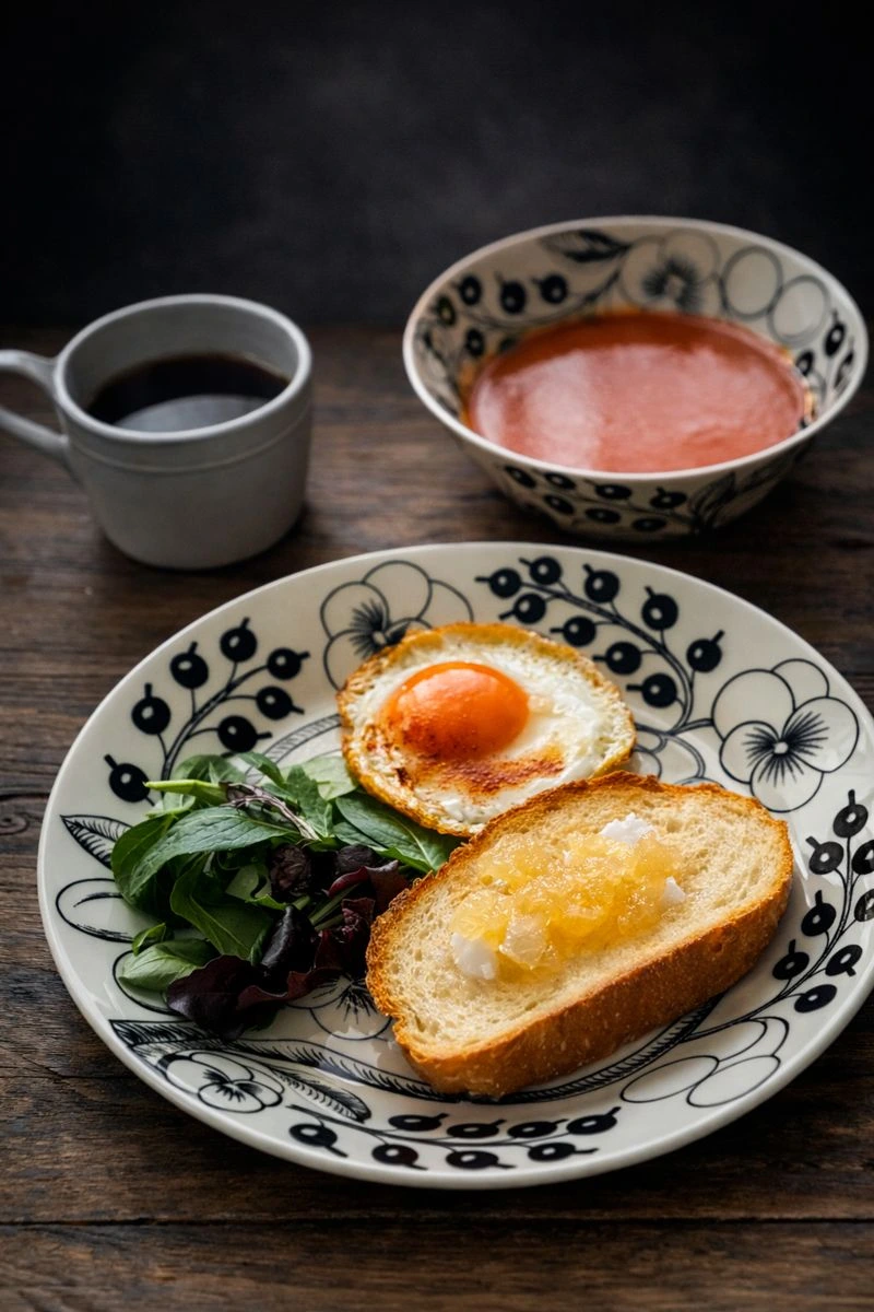 こねないパンのトーストに林檎ジャムとココナッツオイルをのせた朝食。目玉焼きとミネストローネを添えた静かな朝の食卓