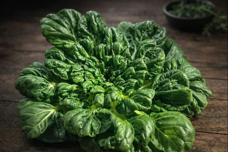 年末の台所に置かれたターツァイ。大輪の花のように葉を広げ、深い緑が静かに美しい様子