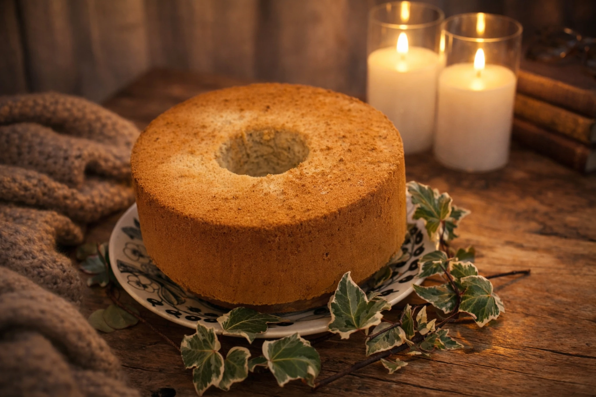 キャンドルの灯りの中、北欧柄のプレートにのせたバナナシフォンケーキと温かいお茶の夜のおやつ時間