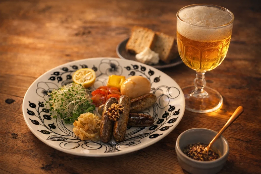 手作り燻製ソーセージとビール、スパイスシフォンケーキが並ぶ夜の食卓