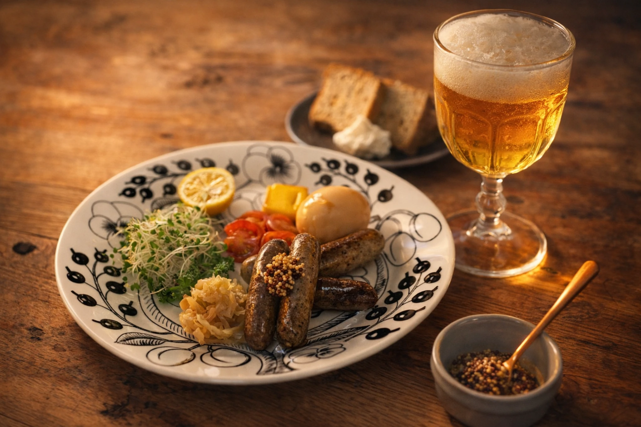 手作り燻製ソーセージとビール、スパイスシフォンケーキが並ぶ夜の食卓