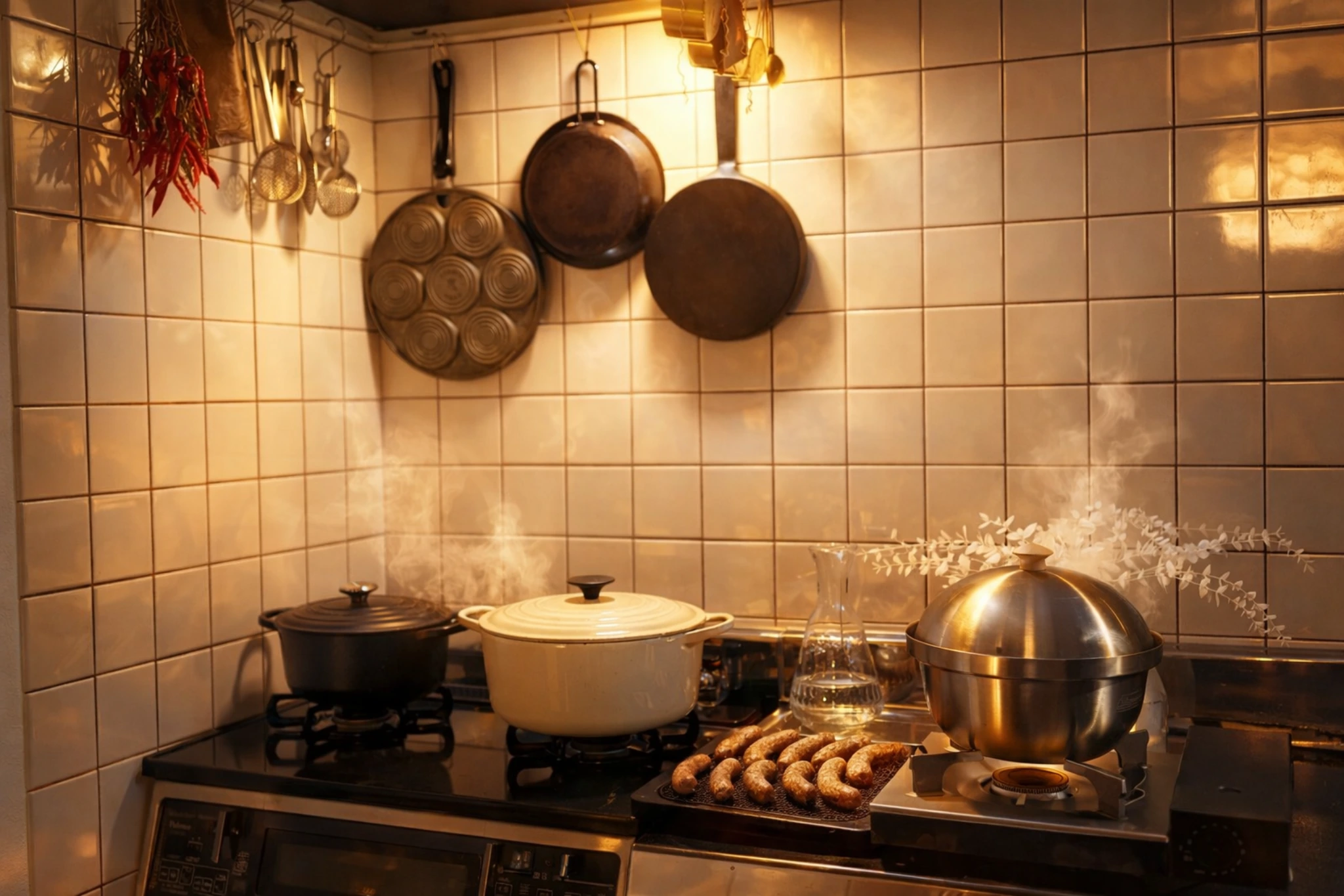 手作りソーセージが並ぶ夜の食卓。静かで満ち足りた暮らしのひとこま