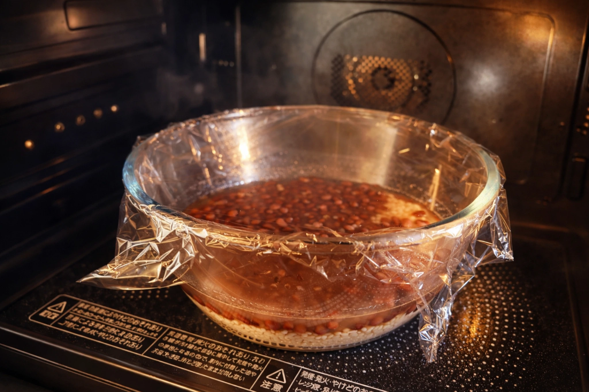 耐熱ガラスボウルにもち米と小豆を合わせ、電子レンジで加熱している様子