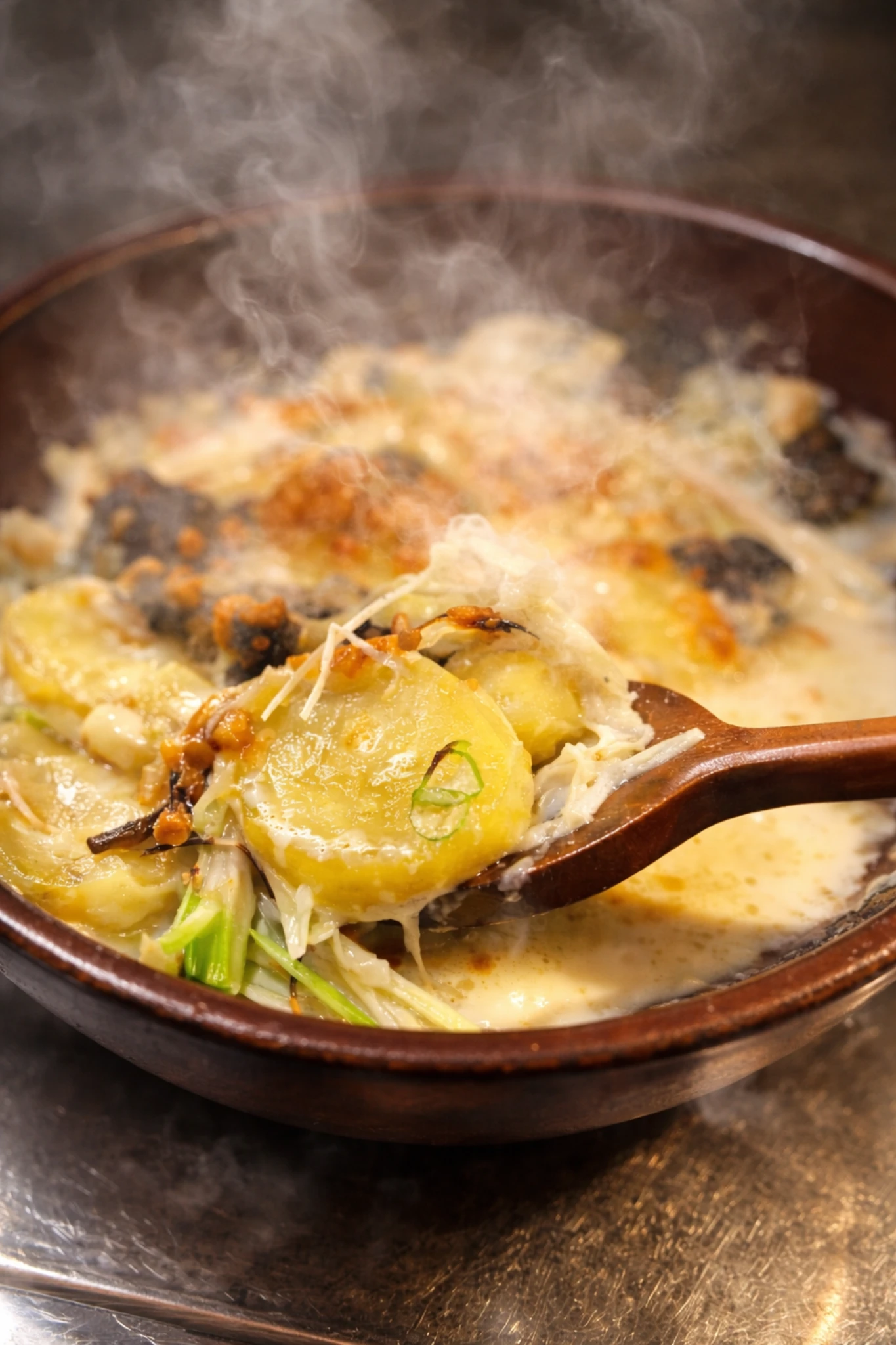 スプーンですくった長ねぎとじゃがいものグラタン。ほくほくのじゃがいもととろけるチーズが湯気とともに立ちのぼる