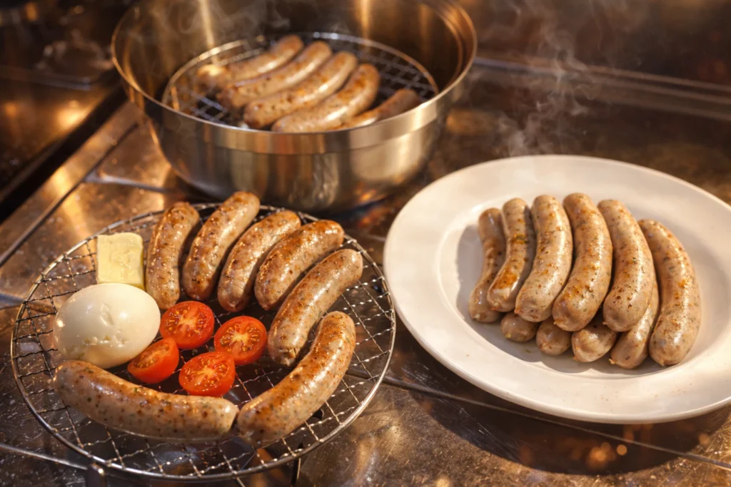 燻製された手作りソーセージが網の上で温められている様子。湯気と香ばしさが伝わる一枚