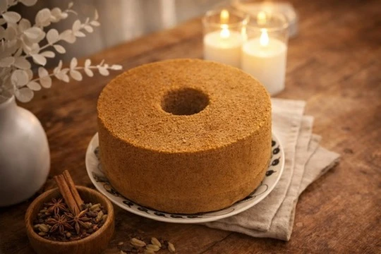 木のテーブルの上に置かれたスパイスシフォンケーキ。キャンドルの灯りが静かな夜を演出している