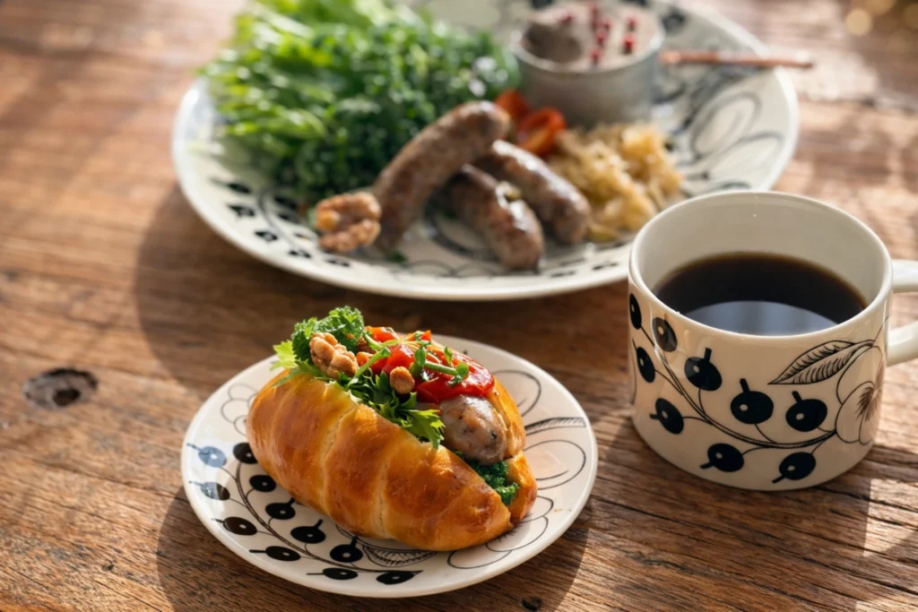 自家製レバーペーストとソーセージを挟んだサンドイッチと珈琲。積み重ねてきた時間が静かに感じられるブランチ