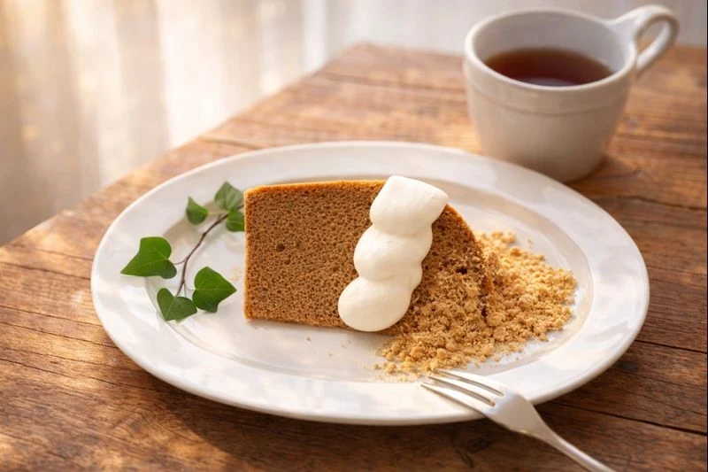 スパイスシフォンケーキに生クリームを添えた一皿。朝の光の中で、やさしい甘さを待つデザート
