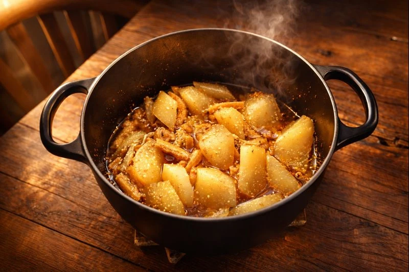 大根と油揚げのごま煮が鍋で静かに煮含められている様子。冬の台所らしい落ち着いた光景