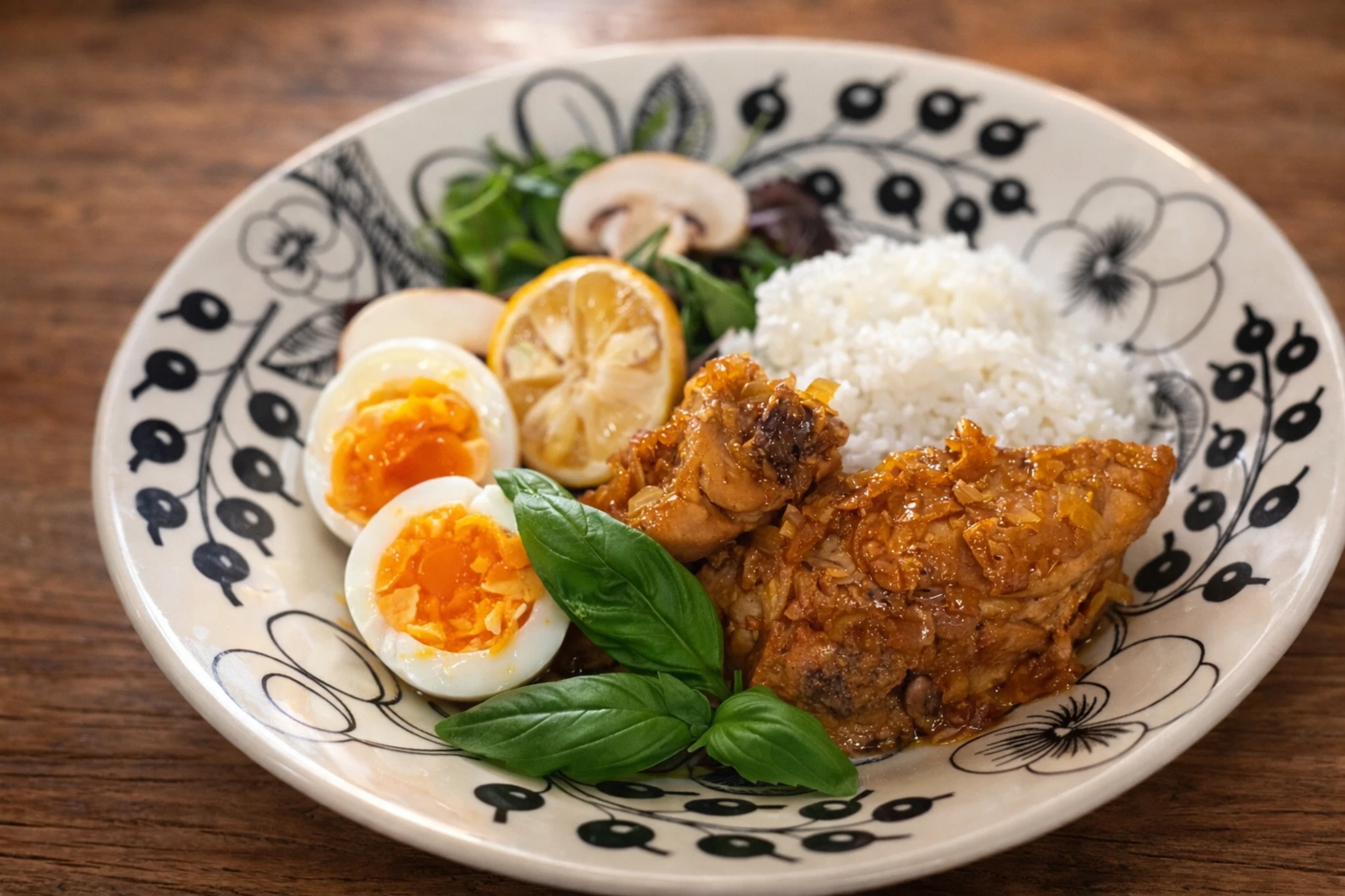 栗原はるみさんのレシピを参考に作ったアドボ。ご飯と半熟卵、バジルを添えた落ち着いた盛り付け