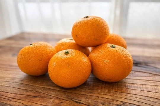 木のテーブルに並べた八朔。冬のやわらかな光の中で撮影した柑橘の写真