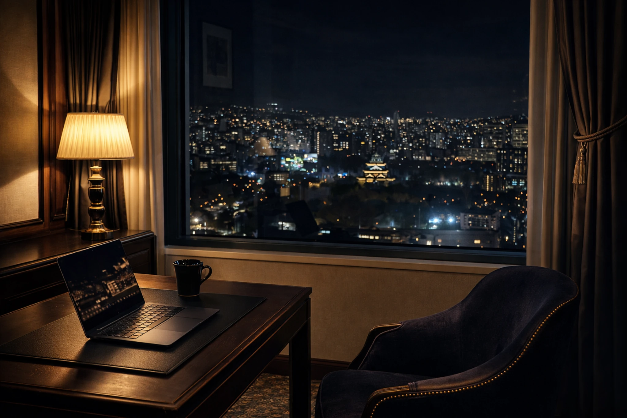 広島のホテルからの眺め。広島城などの名所に心が和む