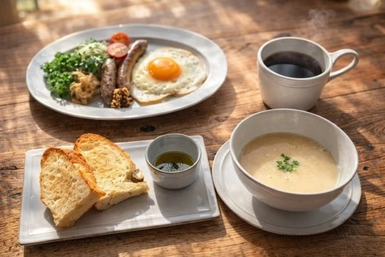 フォカッチャとポタージュ、目玉焼きとソーセージのある朝ごはん