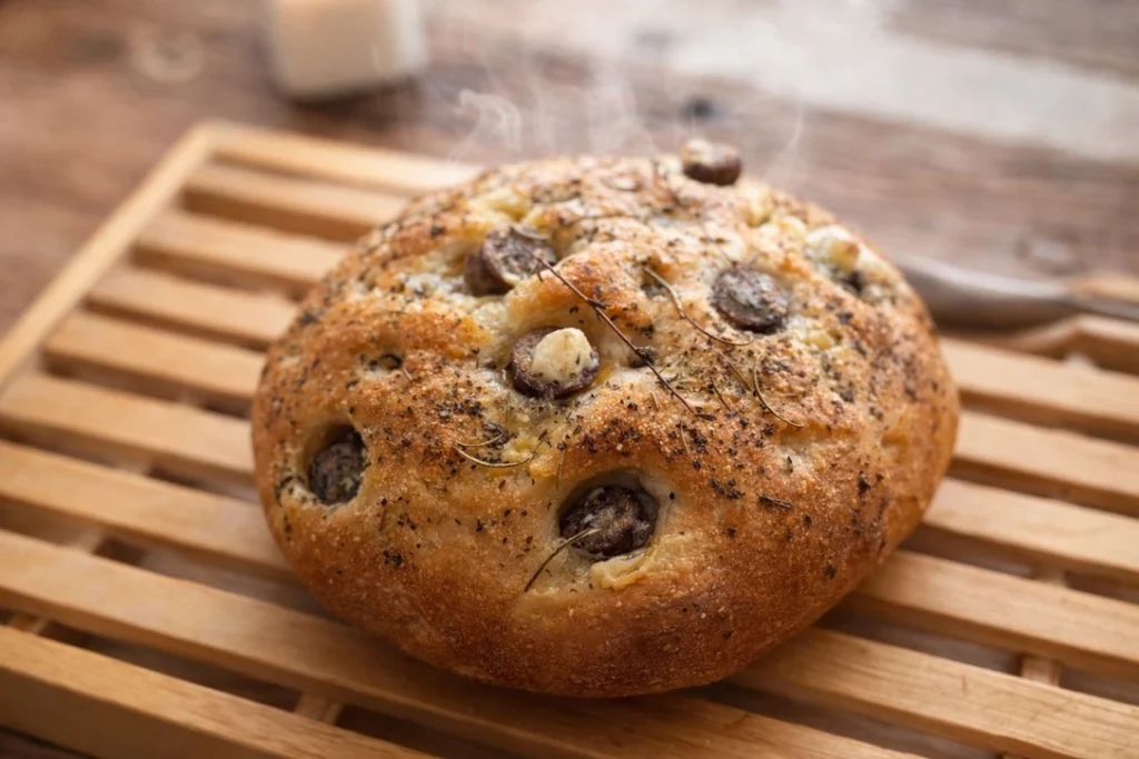 手作りソーセージをのせて焼いたフォカッチャ。香ばしい焼き色と湯気の立つパン