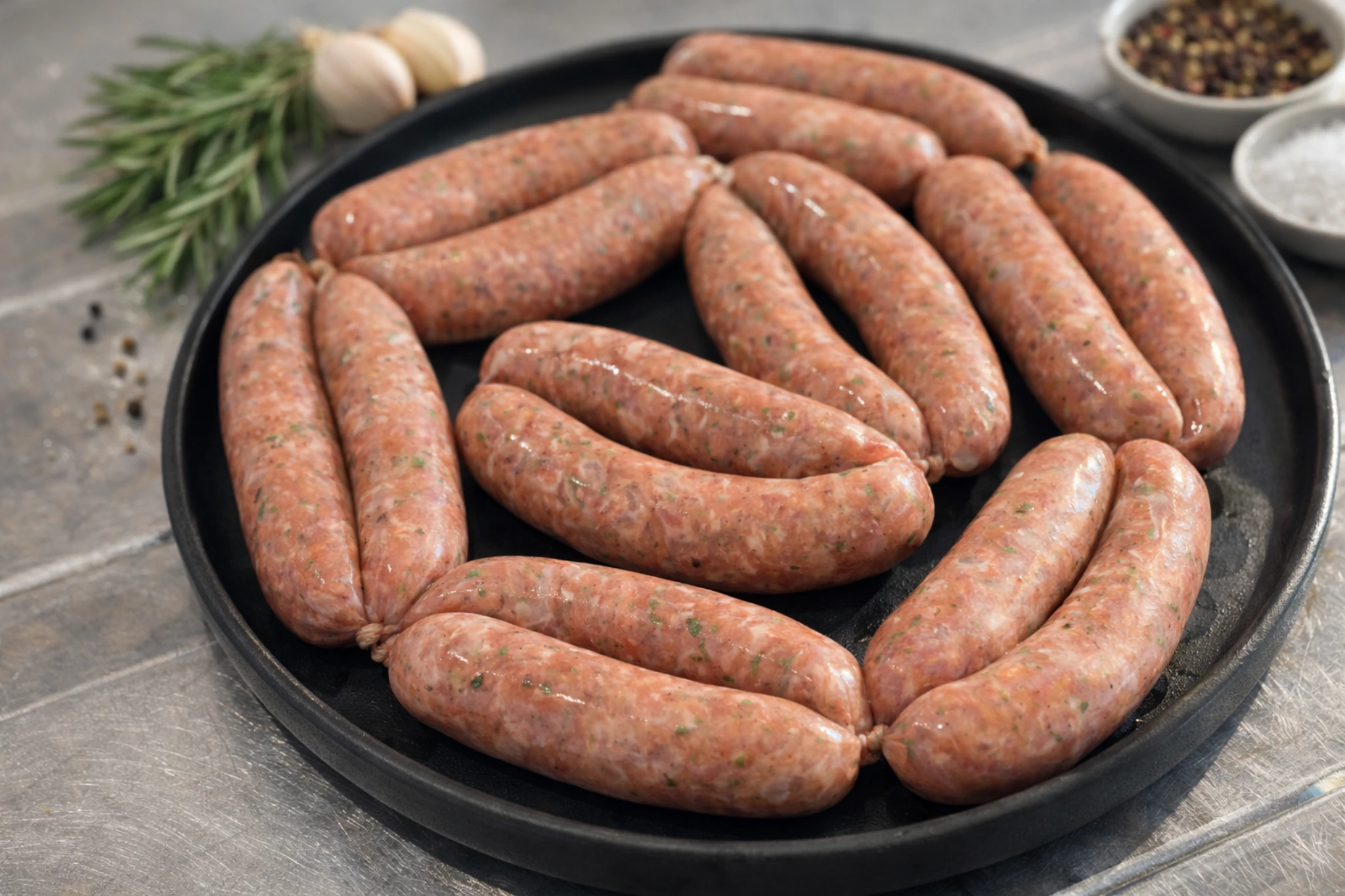 腸詰めを終え、ボイル前の状態の自家製ソーセージが並ぶ様子