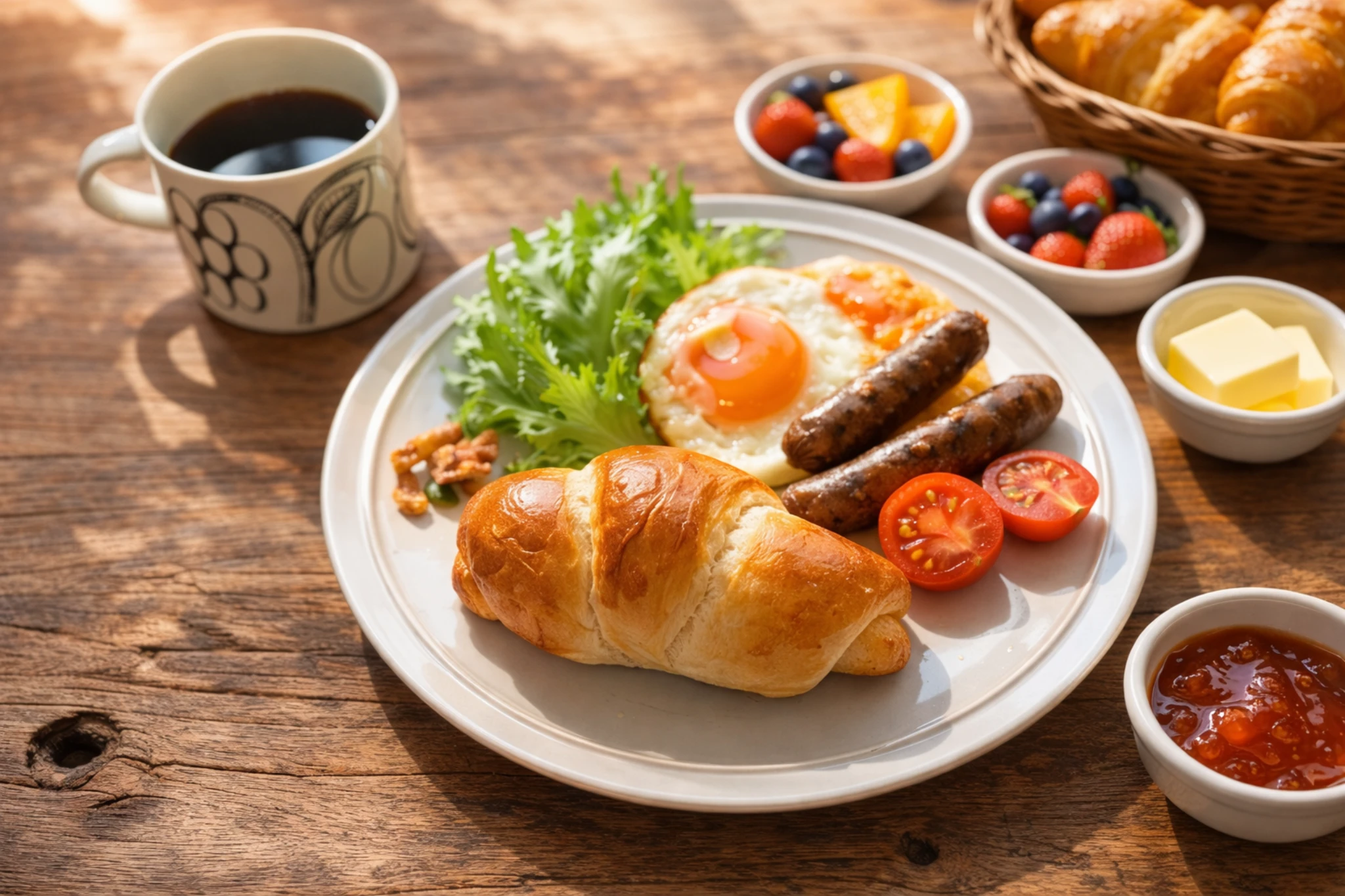 家製ソーセージと目玉焼き、クロワッサンとコーヒーを添えた朝ごはん。木のテーブルに差し込む朝の光が心地よい食卓
