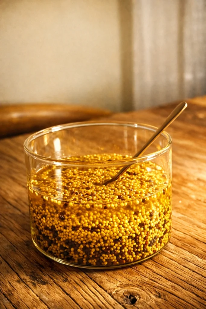 手作りの粒マスタード。マスタードシードが美しく瓶に広がる様子