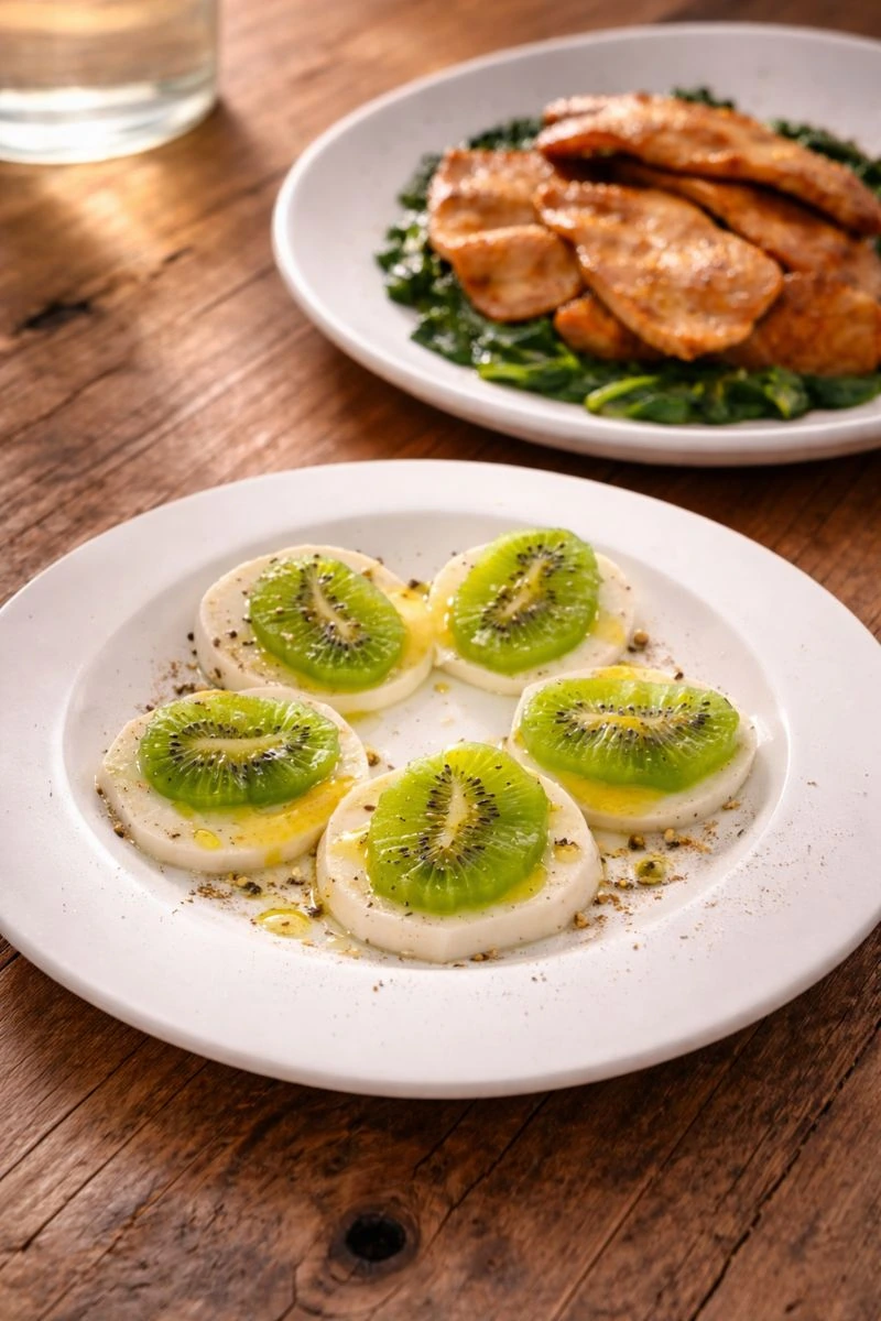 白い皿に並べたかぶの輪切りに、キウイを重ねたカルパッチョ。オイルの艶と黒こしょうが映え、軽やかで可憐な一品