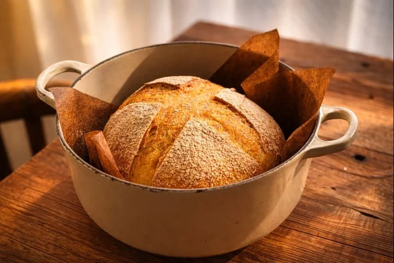 鍋で焼き上げたこねないパン。粉をまとった表面と、割れ目の美しい焼き色が静かに佇む