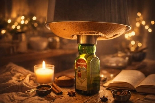 夜の台所で、型ごと逆さにして冷ましているスパイスシフォンケーキの様子