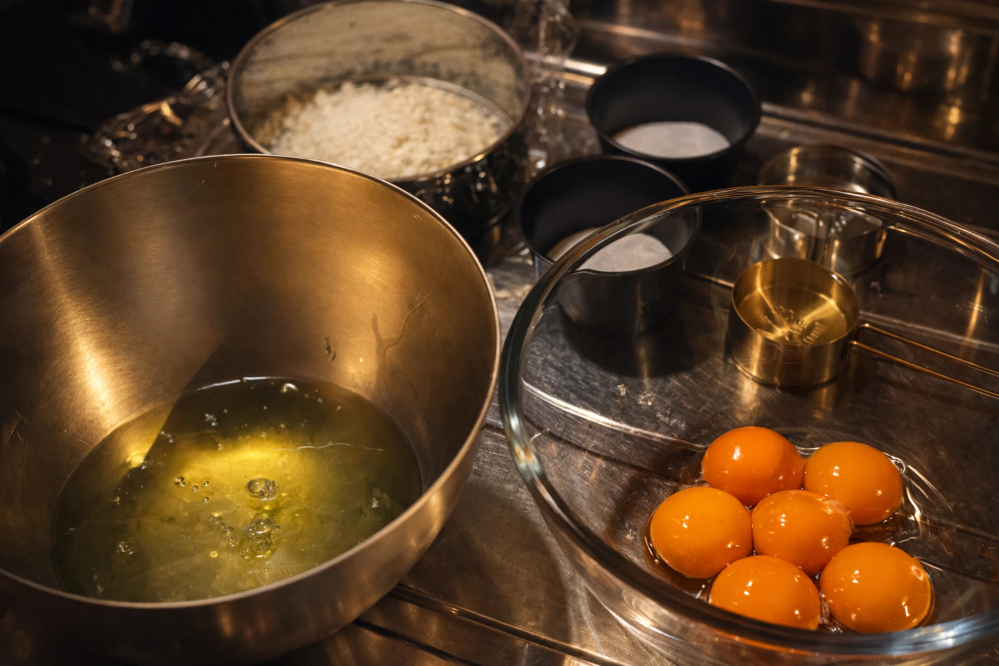 プレーンシフォンケーキの材料。卵黄と卵白を分け、砂糖や油、粉類を用意した夜のキッチンの様子