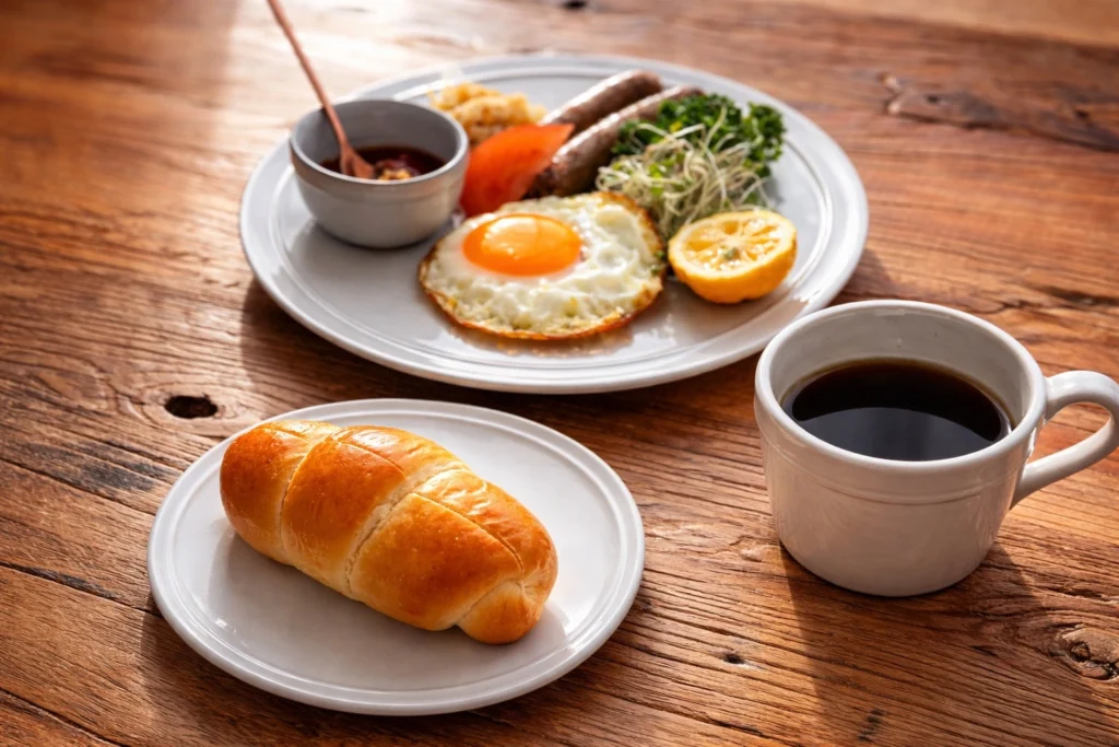 手作りソーセージと目玉焼き、パンとコーヒーが並ぶ朝ごはんの食卓