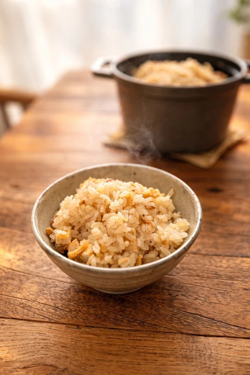 湯気の立つしょうがご飯を器によそった様子。冬の朝の光の中で、やさしく温かい雰囲気の食卓