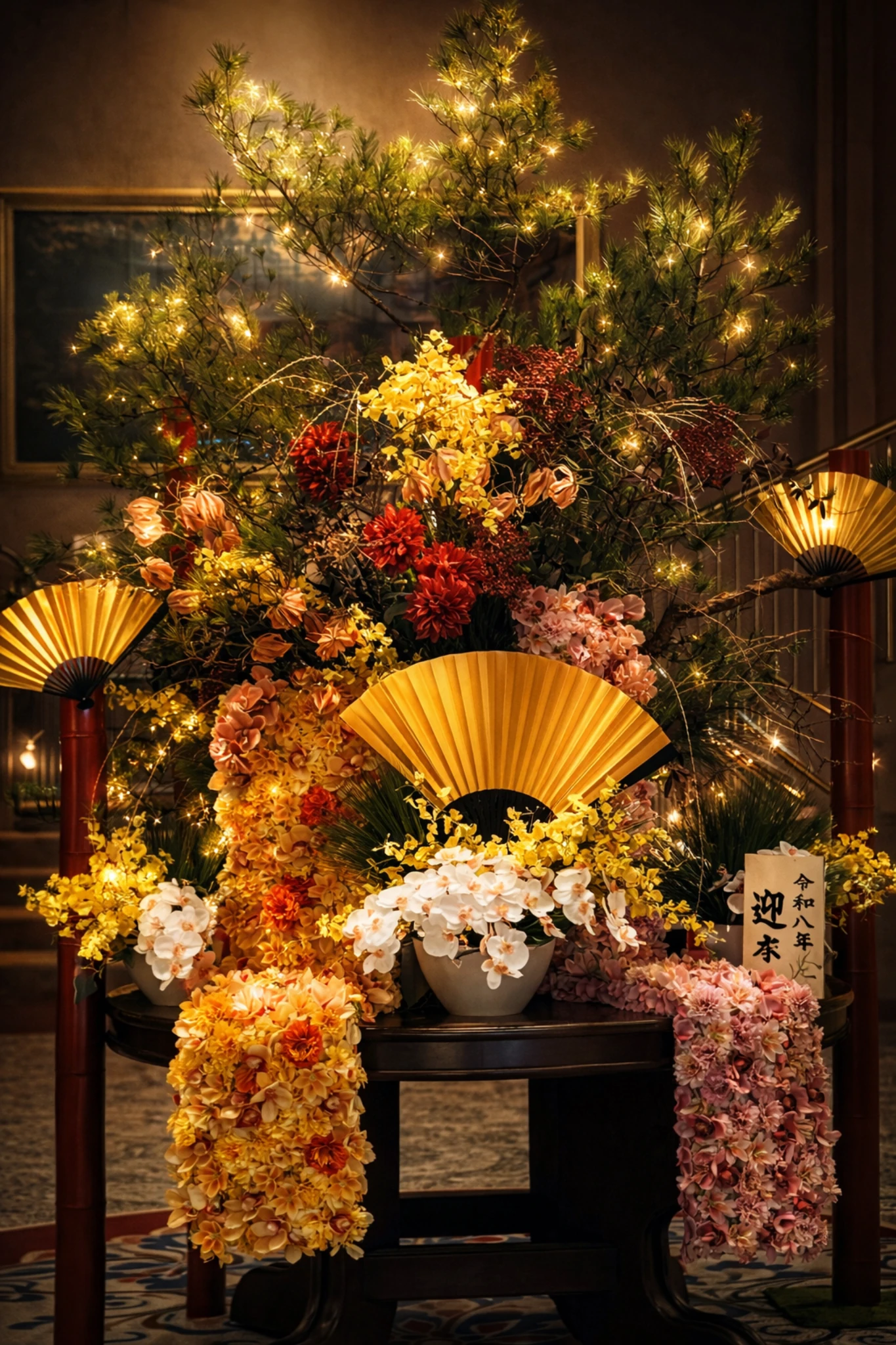 正月の余韻を感じさせる、ホテルロビーの華やかな和の装飾。落ち着いた灯りが心を和ませる