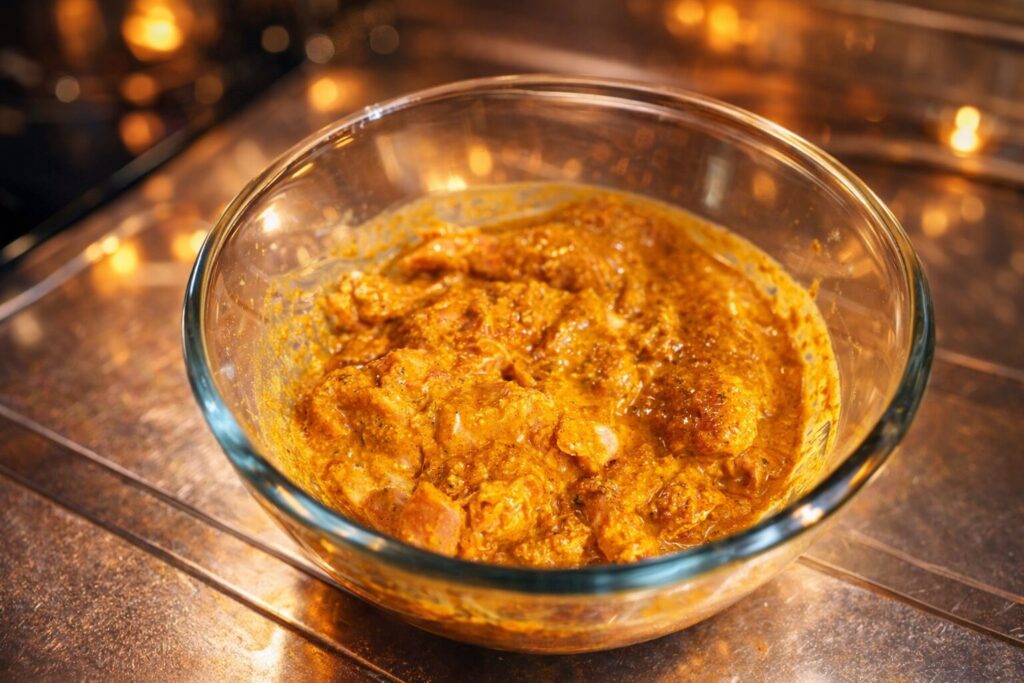 タンドリーチキンをボウルに入れて仕込んでいる様子