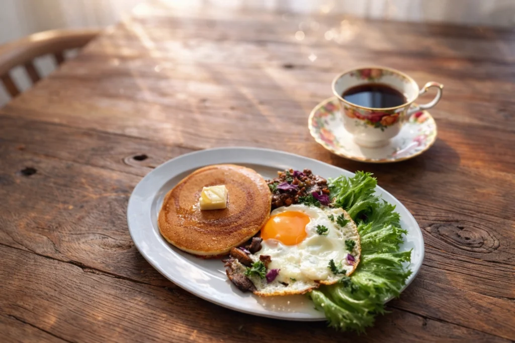 翌朝のホットケーキと目玉焼きの朝ごはん。ミートソースを添えたワンプレートとコーヒーカップ。