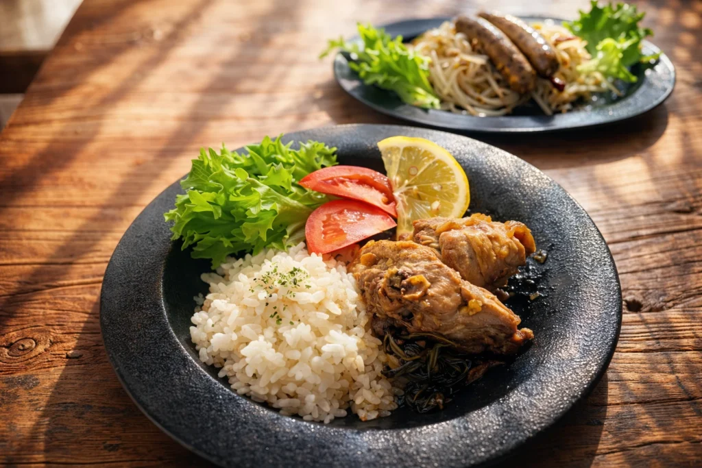 チキンアドボも栗原はるみさんのレシピ。ソーセージともやし炒めの組み合わせ。