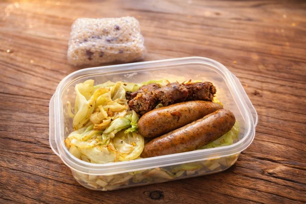 手作りソーセージともやし炒め、キャベツのバター炒めとレンジ赤飯のお弁当