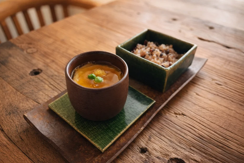 赤飯とあんかけ茶碗蒸しを器に盛り付けた様子