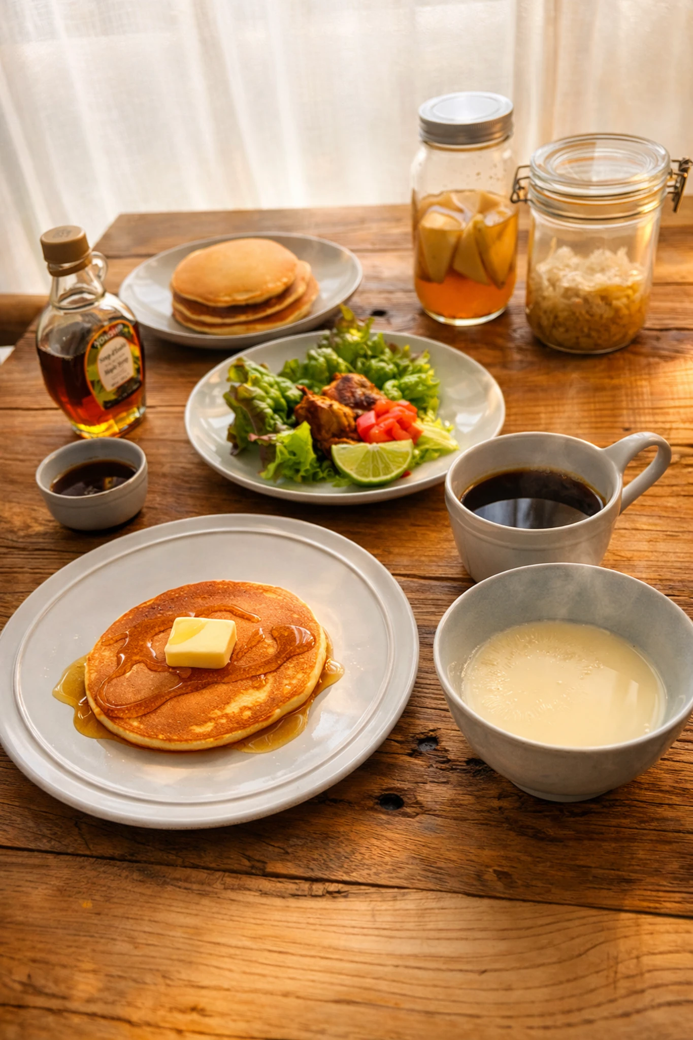 メイプルシロップをかけたホットケーキと手作り豆乳、グリルチキンの休日の朝ごはん