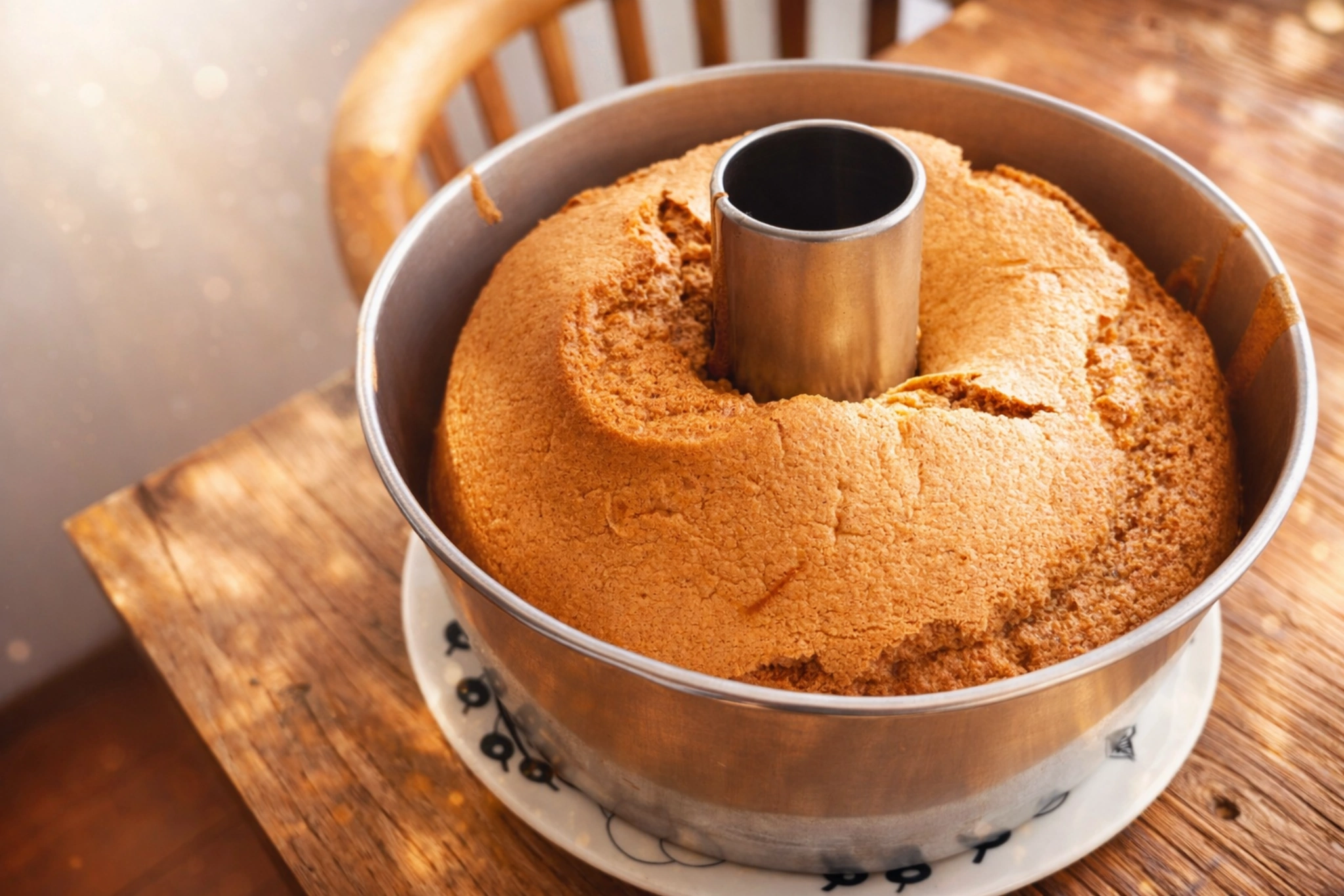 24cm型で焼いたスパイスシフォンケーキ。焼き上がりのふんわりとした表面が美しい。