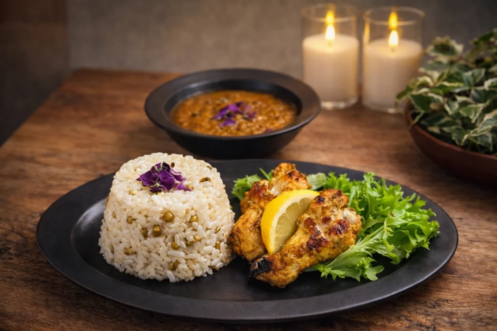 揃っていない食器で盛り付けた最初のスパイス料理プレート。コーヒーカップで型抜きしたライスの記録。