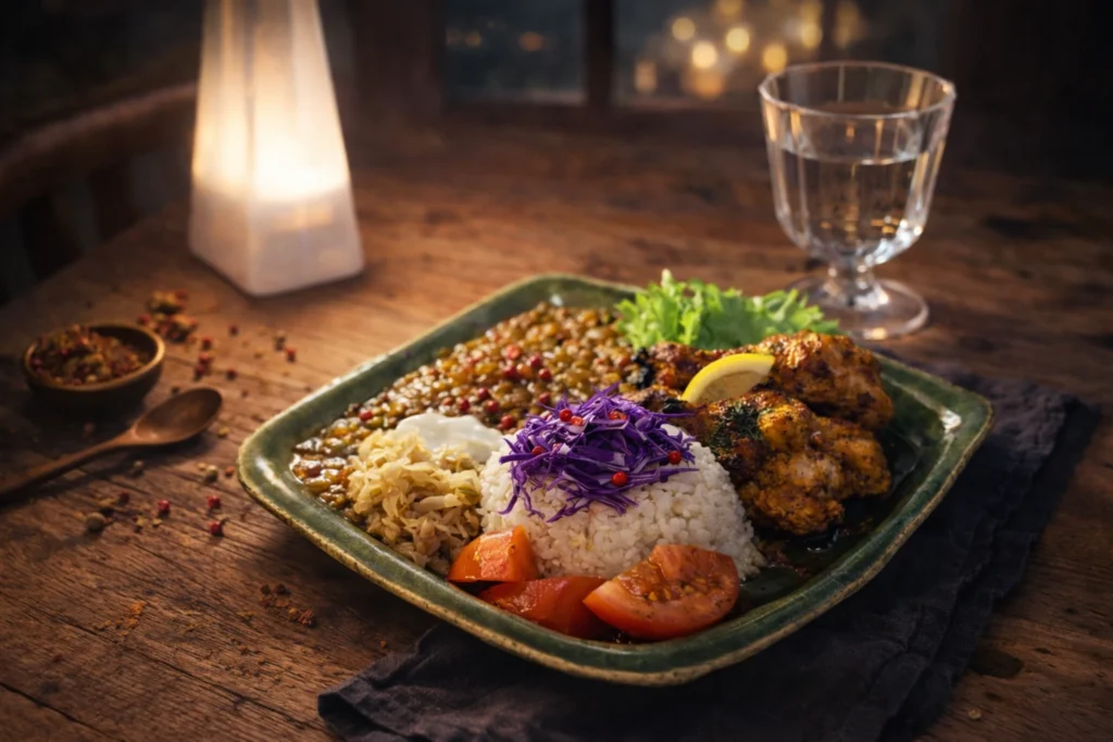 ガラスカップを使って工夫したスパイス料理のワンプレート。練習中の記録。