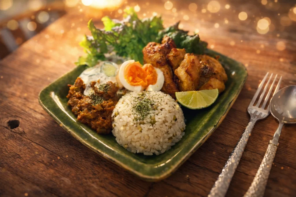 今ある食器で作ったスパイス料理プレート。タンパク質と野菜たっぷりの一皿。