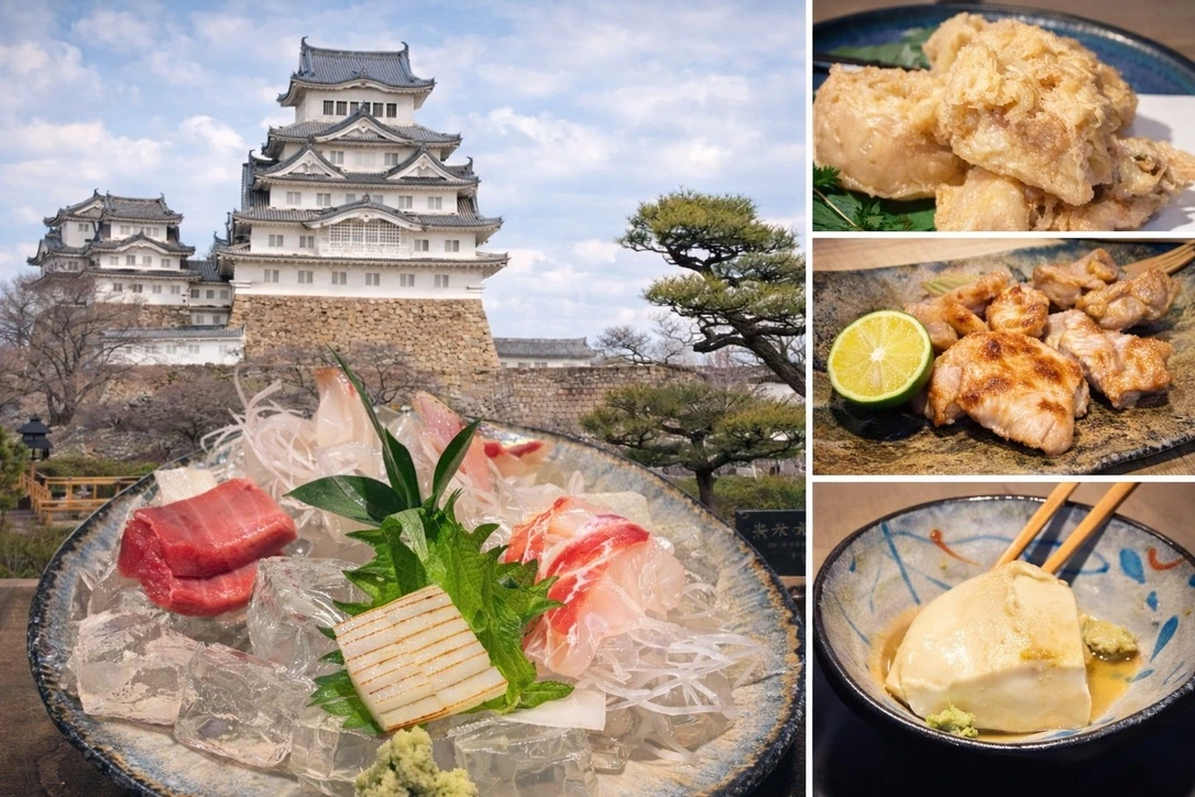 姫路城を背景にしたお刺身の盛り合わせと胡麻豆腐、姫路蓮根の料理。再会前夜の夕食の思い出