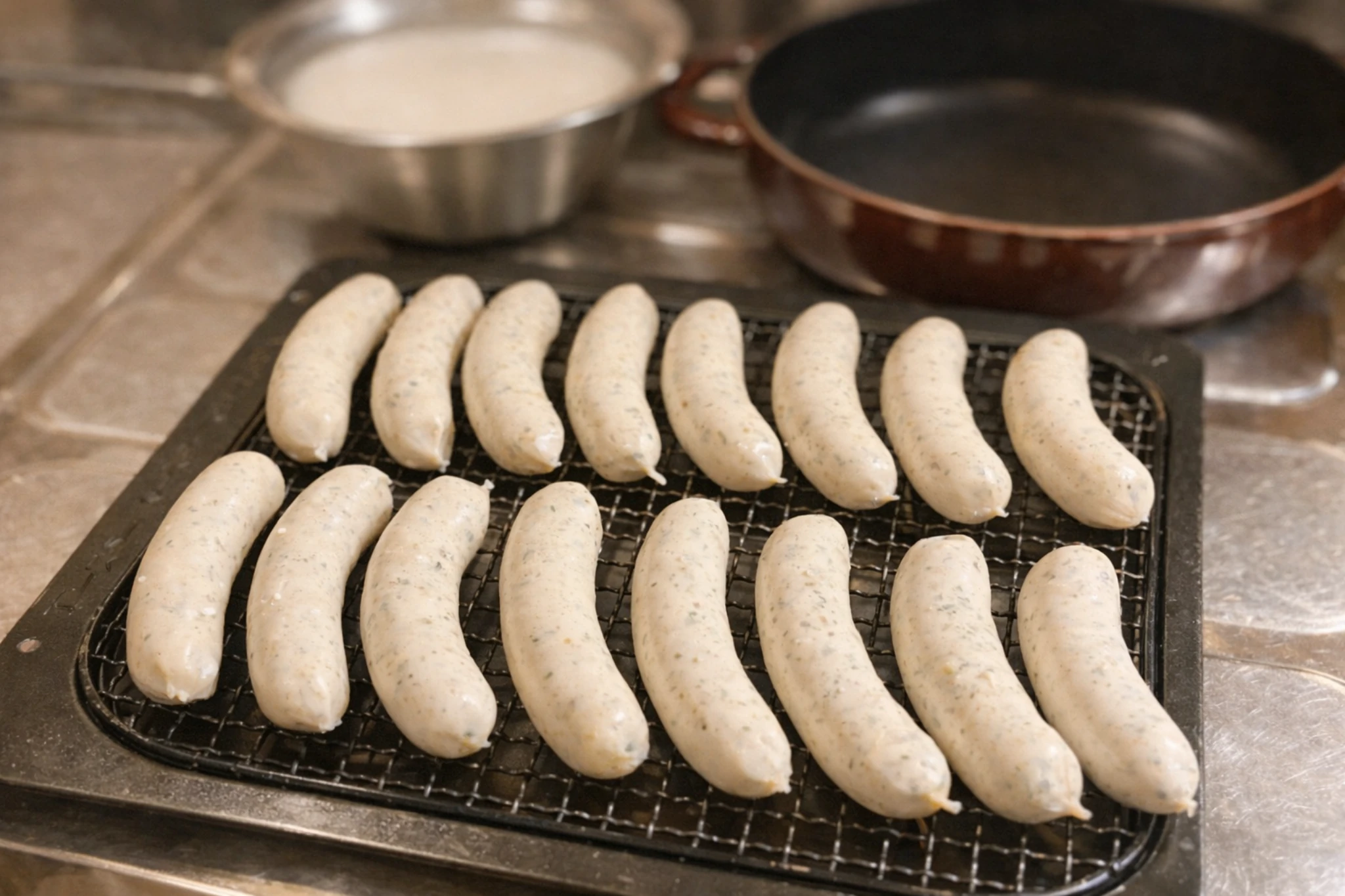 手作りの鶏むね肉ソーセージを並べて乾かしている様子