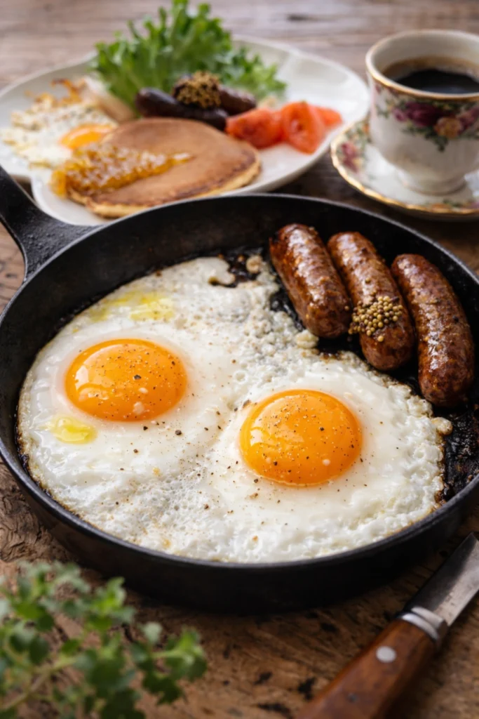 スキレットで焼いた目玉焼きとソーセージ、ホットケーキとコーヒーの朝ごはん
