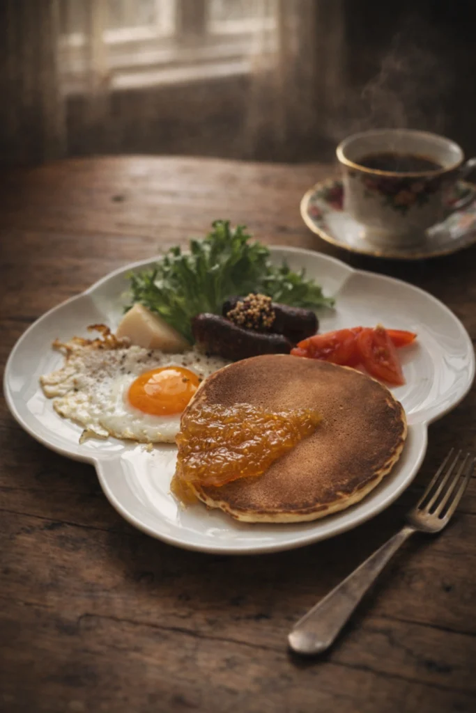 新しいカップ＆ソーサーとプレートに盛り付けたホットケーキと目玉焼きの朝ごはん
