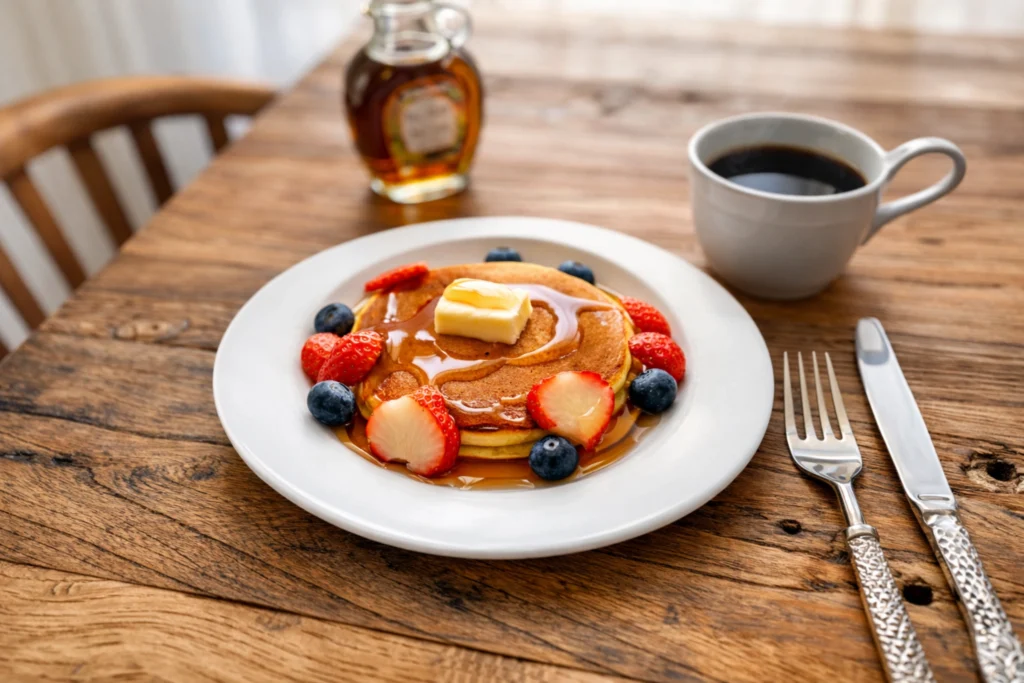 メイプルシロップとベリーを添えたホットケーキとコーヒーの朝食