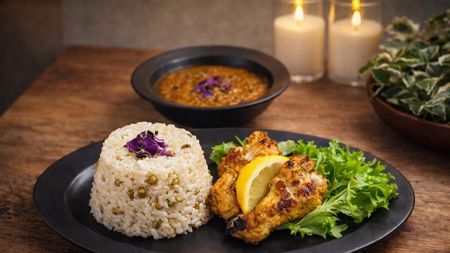 キーマカレーと緑豆の炊き込みライス、グリルチキンのスパイス料理の食卓